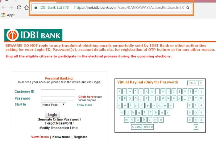 IDBI Bank Net Banking Login